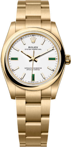 Rolex Oyster Perpetual 34 Mm 18 Ct Yellow Gold White Dial Oyster Bracelet - 124208