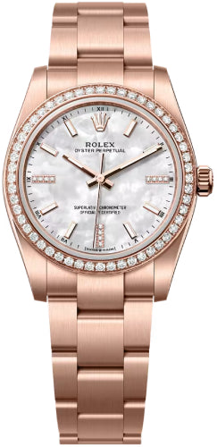 Rolex Oyster Perpetual 34 18Ct Everose Gold White Mother Of Pearl Diamond Set Dial Oyster Bracelet - 124245Rbr