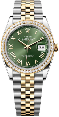 Rolex Datejust 36 Oystersteel Yellow Gold And Diamond Olive Green Roman Dial Jubilee Bracelet - 126283Rbr