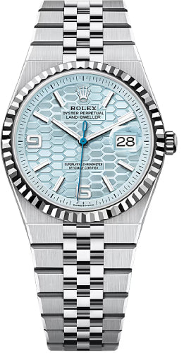 Rolex Land-Dweller 36 Platinum Ice Blue Honeycomb Motif Dial Fluted Bezel Jubilee Bracelet 127236
