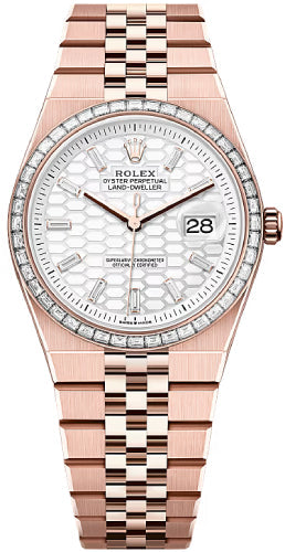 Rolex Land-Dweller 36 Everose Gold Intense White Honeycomb Motif Baguette Diamonds Set Dial Diamond Set Bezel Flat Jubilee Bracelet 127285TBR