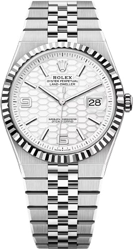 Rolex Land-Dweller 40 White Gold Oystersteel Intense White Honeycomb Motif Dial Fluted Bezel Flat Jubilee Bracelet 127334