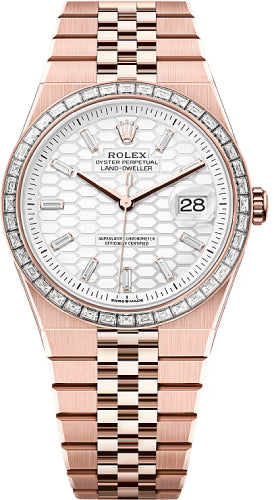 Rolex Land-Dweller 40 Everose Gold Intense White Honeycomb Motif Baguette Diamonds Set Dial Diamond Set Bezel Flat Jubilee Bracelet 127385TBR