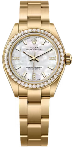 Rolex Oyster Perpetual 28 Mm 18 Ct Yellow Gold White Mother-Of-Pearl Diamond-Set Dial Oyster Bracelet - 276248Rbr