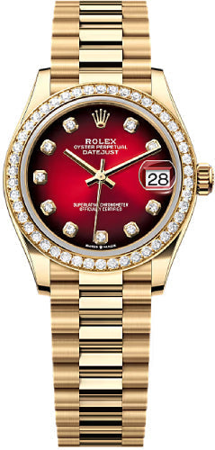 Rolex Datejust 31 Yellow Gold Red Ombré Diamond Set Dial Diamond Set Bezel President Bracelet - 278288RBR